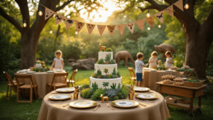 Unleash the Wild: Your Ultimate Guide to a Spectacular Zoo Birthday Party A vibrant outdoor zoo-themed birthday party in a lush garden during golden hour, featuring round tables with burlap runners, succulent centerpieces with brass animal figurines, festive bunting, and a jungle-themed cake, with children interacting with a toucan in the background.