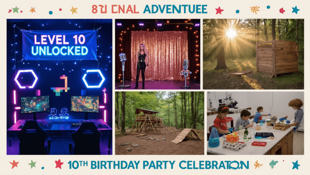 A vibrant cinematic collage capturing five scenes from a 10th birthday party, including a gaming setup, a Taylor Swift-inspired stage, an outdoor adventure scene, a science experiment station, and a craft workshop, all featuring rich colors and high-end decorations.