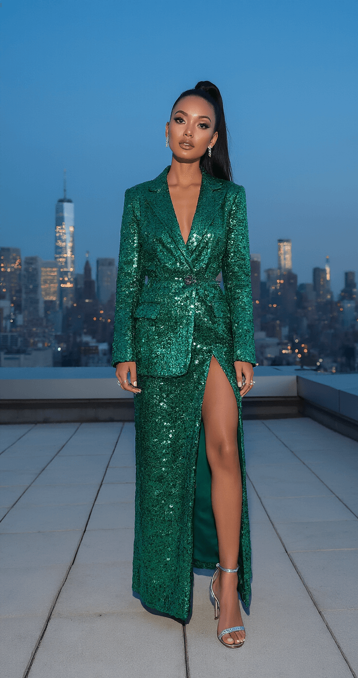 A modern penthouse rooftop party at blue hour featuring a person in an emerald green sequin blazer dress, strappy silver sandals, and diamond studs against a city skyline, with hair in a sleek high ponytail and dewy makeup, captured from slightly below eye level.