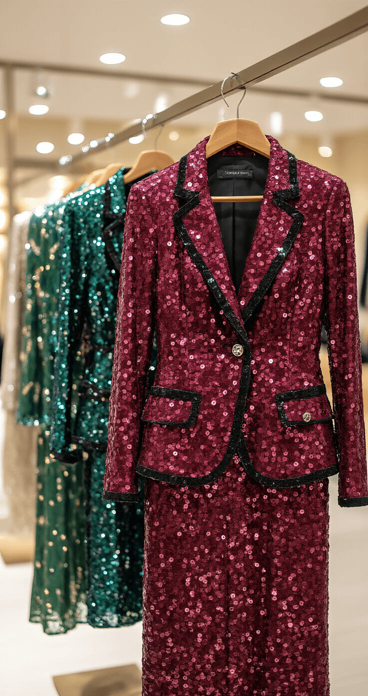Luxury department store private shopping suite featuring a burgundy sequin blazer dress with black trim on a premium wooden hanger, styled with designer accessories. Soft overhead lighting enhances the sequin texture, with a shallow depth of field emphasizing craftsmanship.