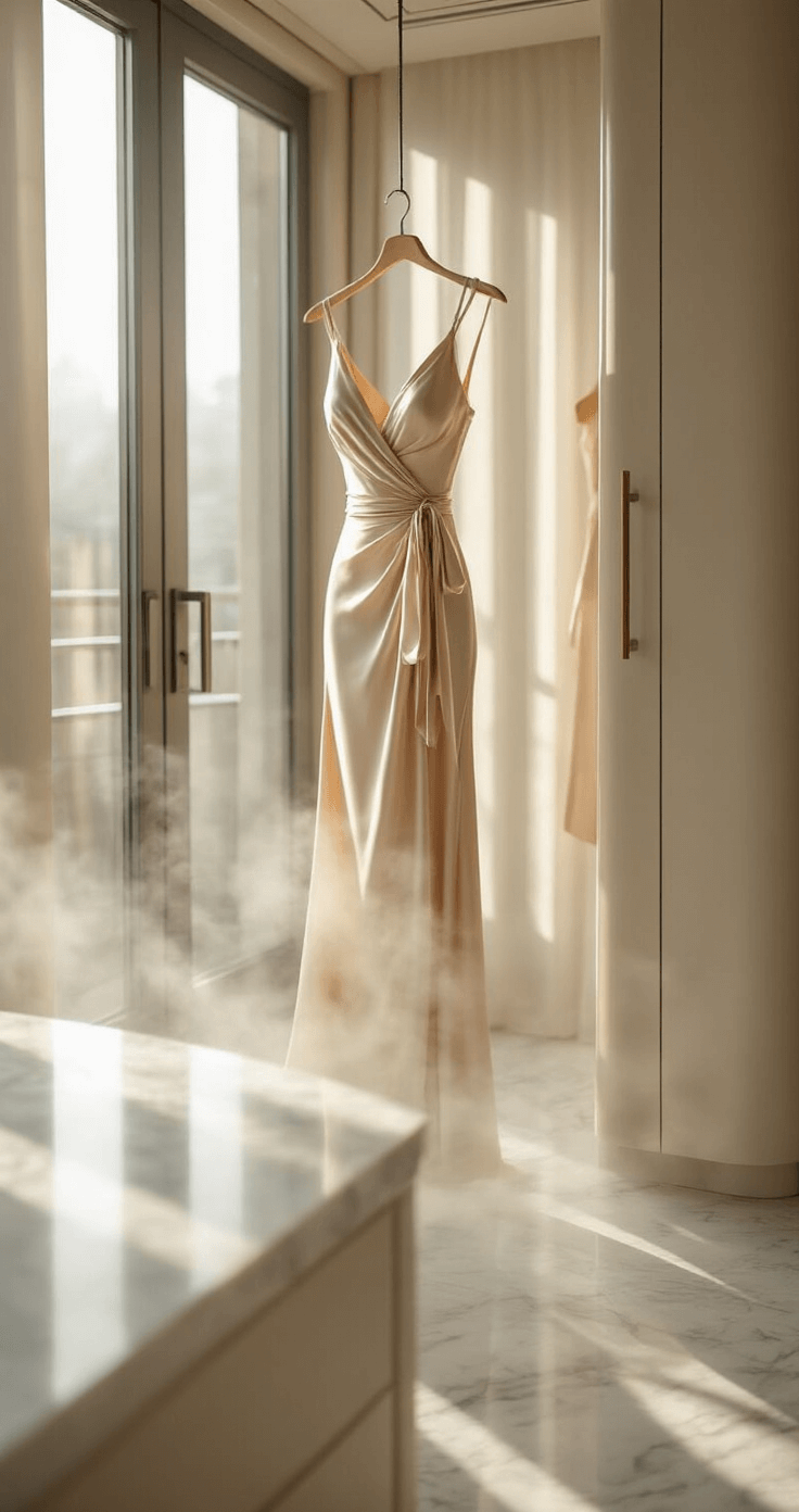 Close-up of a mid-calf champagne satin dress with an adjustable waist tie and true wrap construction, steam rising from it on a marble vanity, illuminated by morning light through floor-to-ceiling windows.