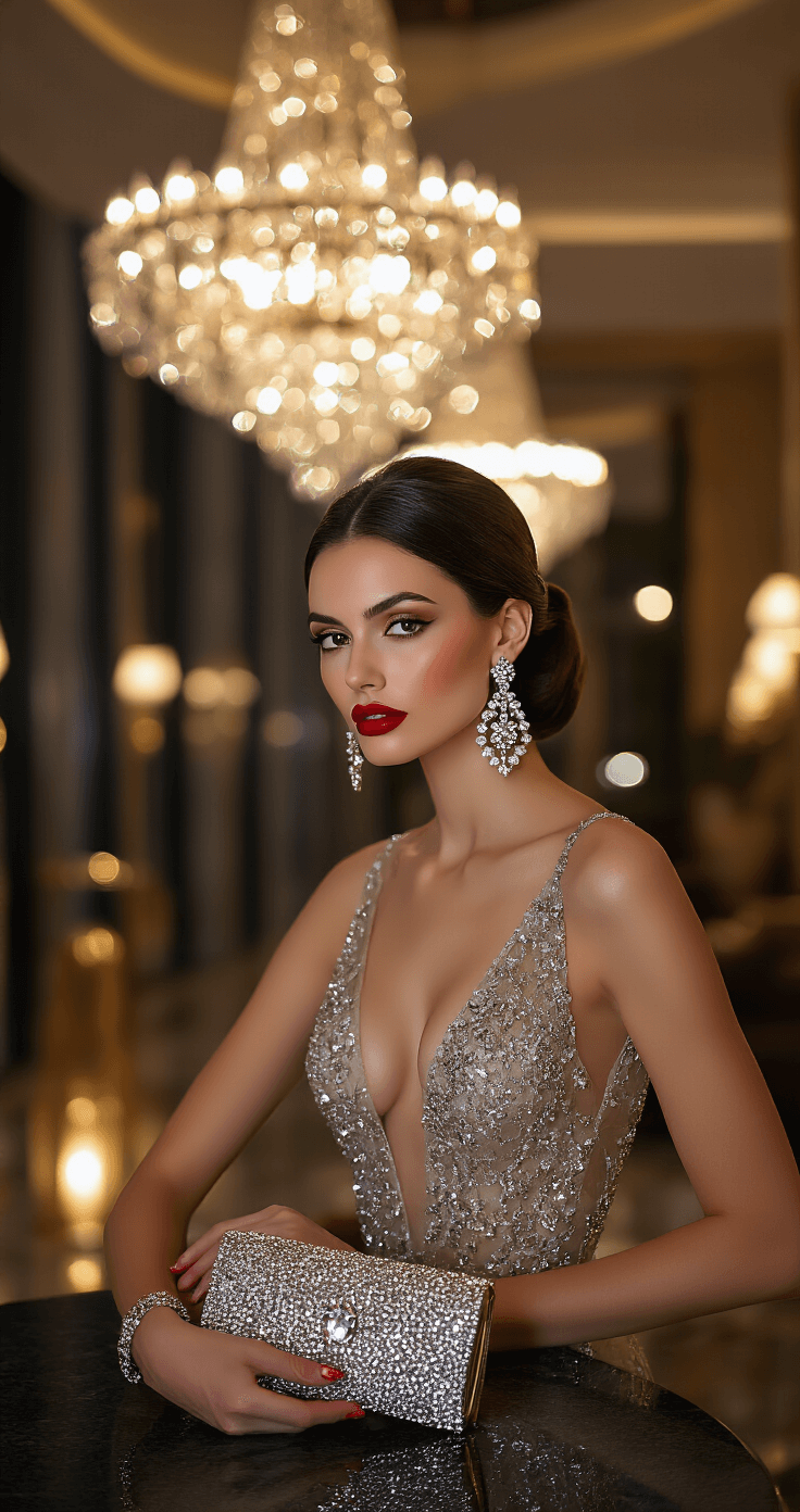 A glamorous hotel lobby at night featuring a woman in a stunning dress, crystal-embellished clutch, and statement drop earrings, illuminated by ambient lighting from crystal chandeliers, showcasing a sophisticated evening look with a bold red lip and sleek updo.