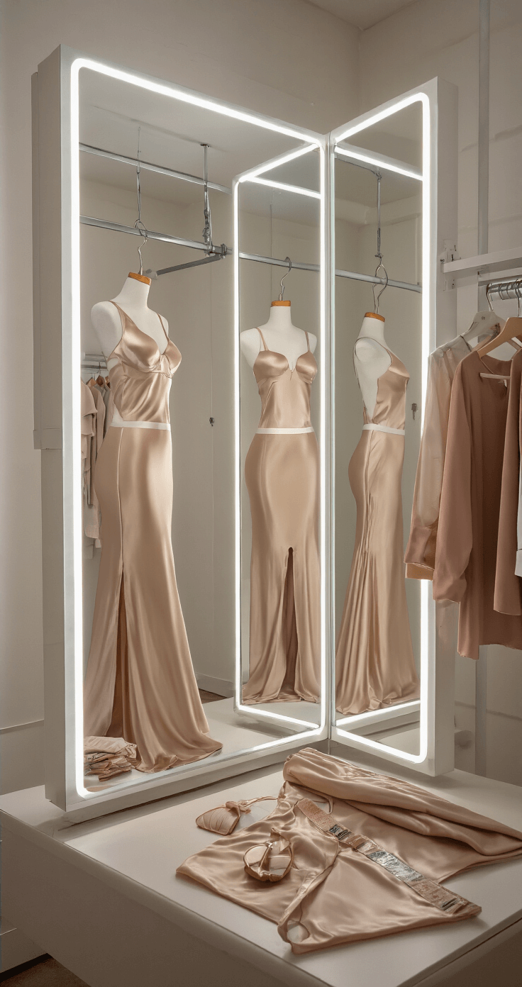 Bright boutique fitting room featuring a three-panel mirror reflecting a dress from various angles, with seamless nude undergarments underneath the satin fabric. Fashion tape is used to secure the neckline, and a professional styling setup includes a garment rack and neatly arranged accessories. A macro shot highlights the details of the fit elements, enhanced by a ring light.