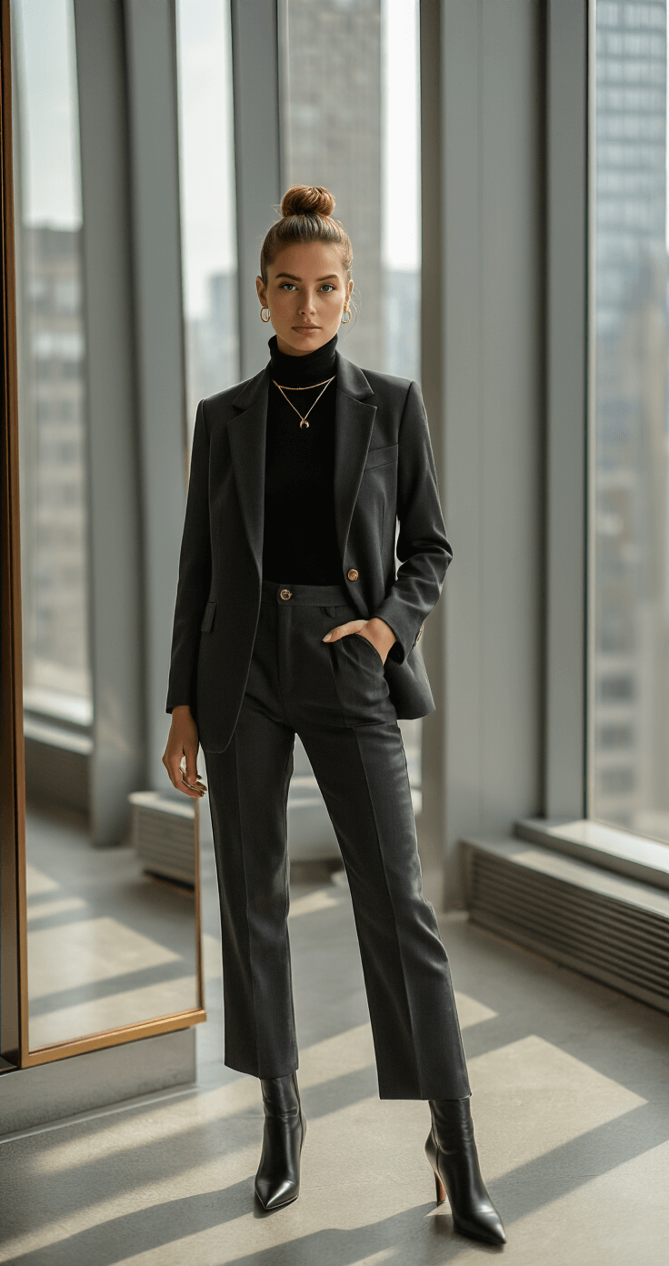 A professionally dressed individual in a contemporary office space stands before a full-length mirror, showcasing a slim black turtleneck, structured blazer, and pointed ankle boots. Minimal gold jewelry and a sleek low bun complete the look, while natural light from the window illuminates the urban background. Shot with an 85mm lens for a compressed perspective.