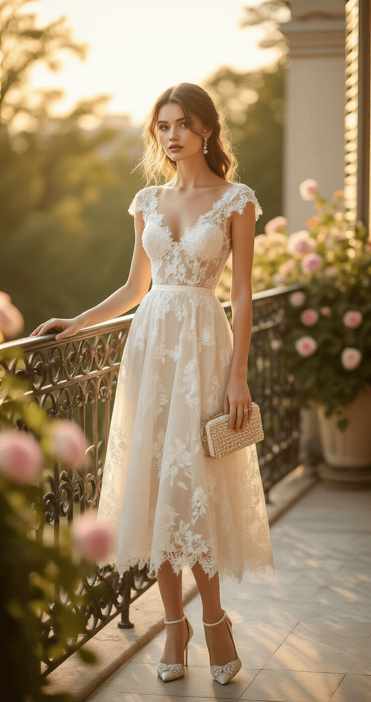 A model in an ivory lace tea-length dress stands by a vintage wrought-iron railing on a sun-drenched garden terrace during golden hour, with delicate floral lace patterns and a full skirt, complemented by pearl-detailed kitten heels and a vintage clutch, captured from a low angle with a natural bokeh effect from flowering bushes.