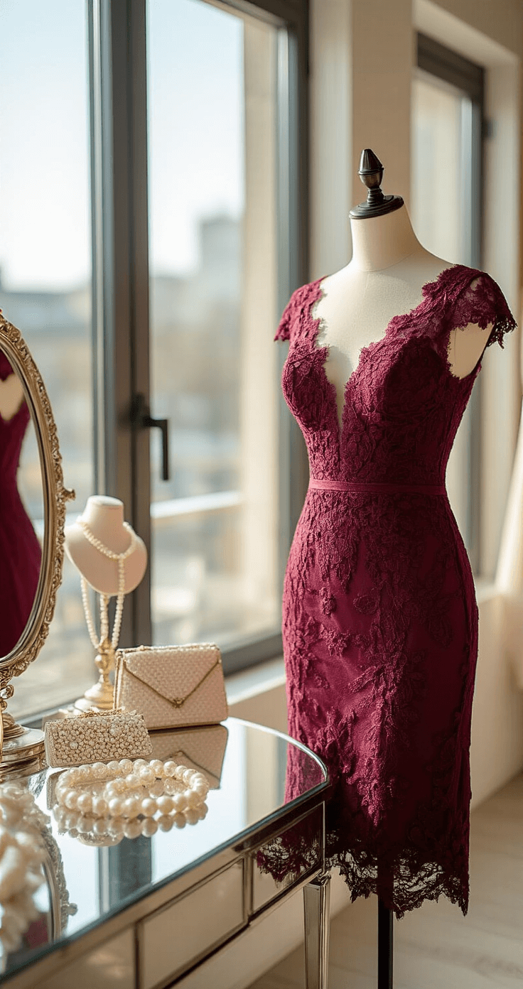 Close-up of a burgundy lace tea-length dress on a mannequin in a bright bridal boutique, showcasing intricate lace details, with a selection of pearl accessories and beaded clutches on a mirrored vanity in warm neutral tones.