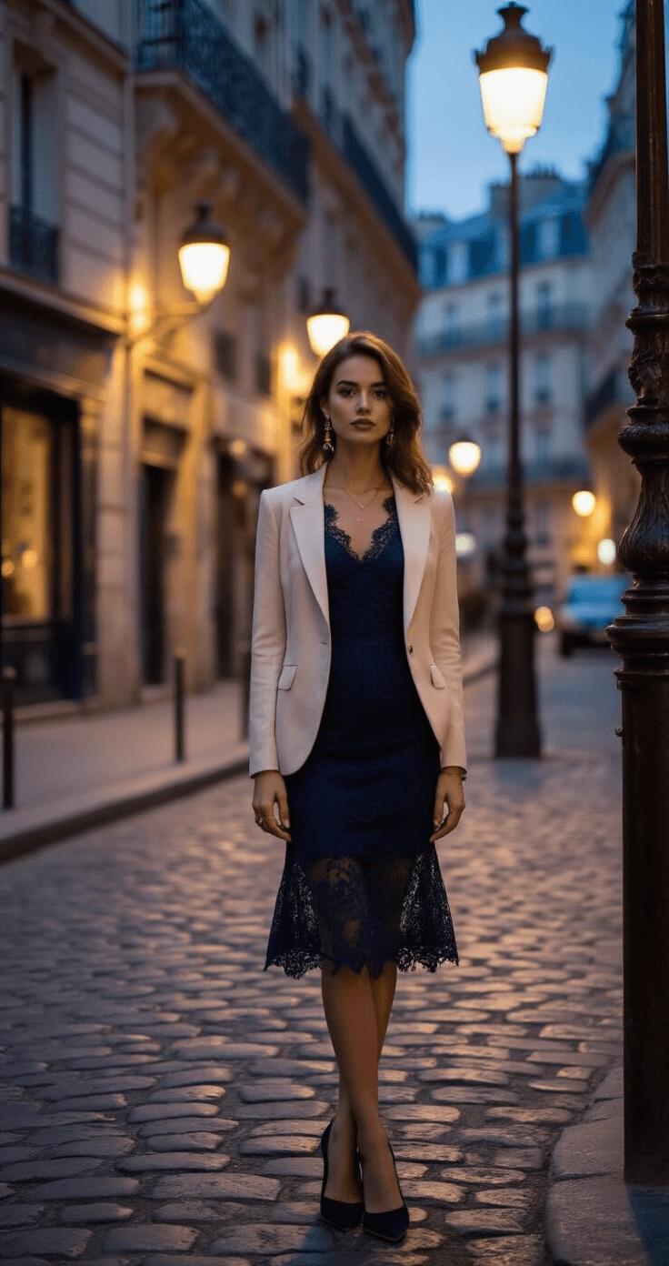 A model in a navy lace tea-length dress and cream blazer stands on a cobblestone street corner in Paris at dusk, illuminated by warm streetlamp glow, with historic architecture in the background. Antique brass jewelry glints in the evening light, and she pairs her outfit with closed-toe velvet pumps.