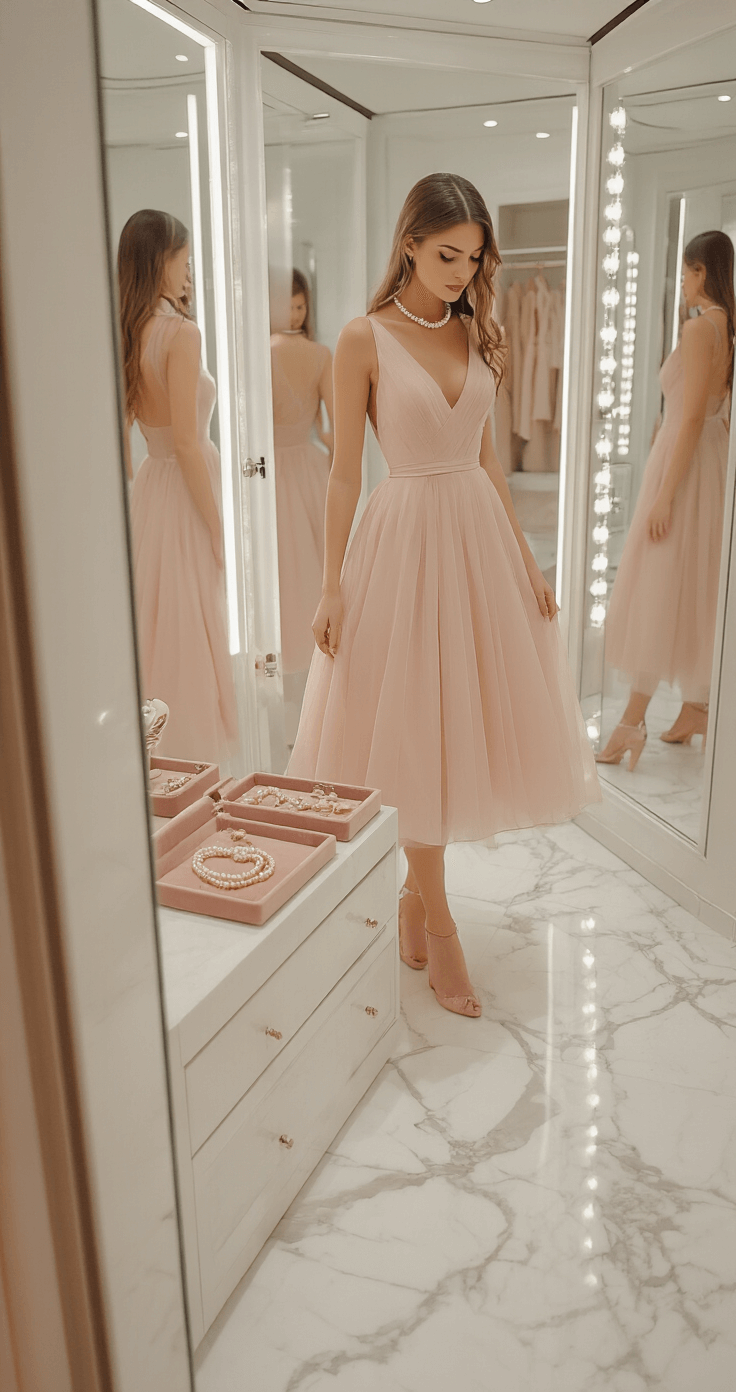 A model in a blush pink tea-length dress is seen in a three-way mirror reflection, surrounded by a light-filled modern dressing room with white marble floors. A delicate pearl necklace and vintage-inspired accessories are displayed on a velvet jewelry tray, captured from an elevated angle with a soft pastel color palette.