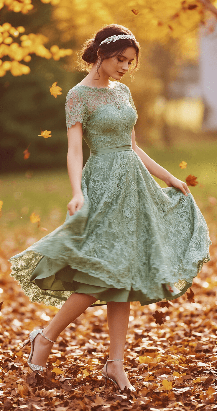 A model in a sage green lace tea-length dress twirls gracefully amidst an autumn garden wedding setting, showcasing her crystal-embellished heels and a pearl headband, with fallen leaves adding natural texture to the ground, captured in an action shot with slight motion blur in warm autumn colors.