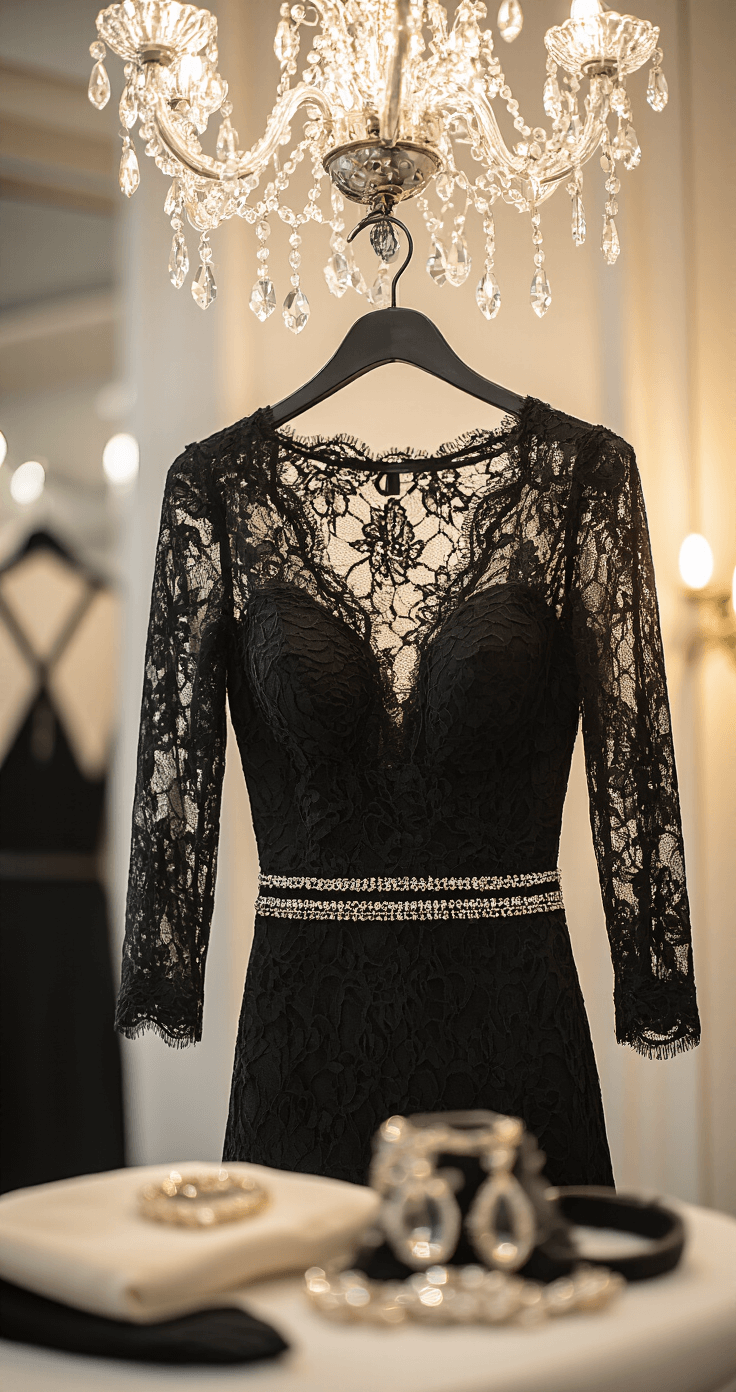 Close-up of a black lace tea-length dress with intricate patterns and beading hanging in a vintage boutique fitting room, illuminated by a chandelier, with matching accessories arranged below.