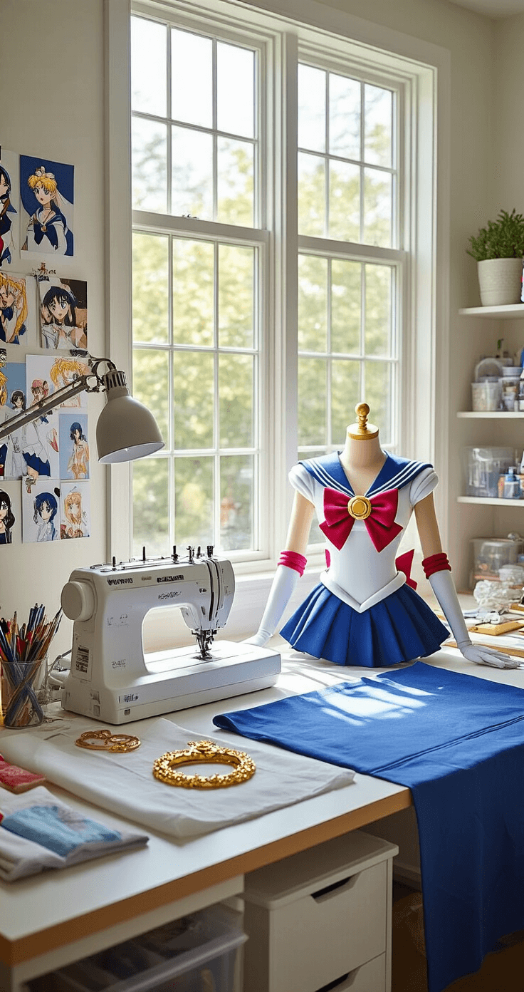 A bright and spacious craft room featuring large windows, showcasing a cosplay workspace with a sewing machine, organized fabric swatches, and measuring tools. A partially completed Sailor Moon costume in blue and white fabric is laid out, alongside a golden tiara and transformation brooch. The room is adorned with mood boards, character reference photos, and neatly organized crafting supplies in clear containers.