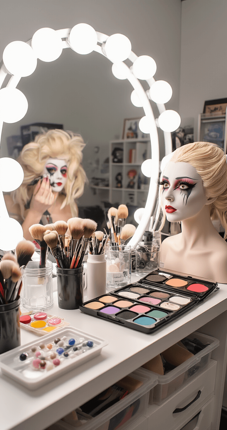 Close-up of a modern makeup studio showcasing an intricate character makeup transformation with professional brushes, special effects palettes, a wig styling station, and organized containers of colored contact lenses and false lashes, all reflecting a balance of artistic chaos and professional organization.