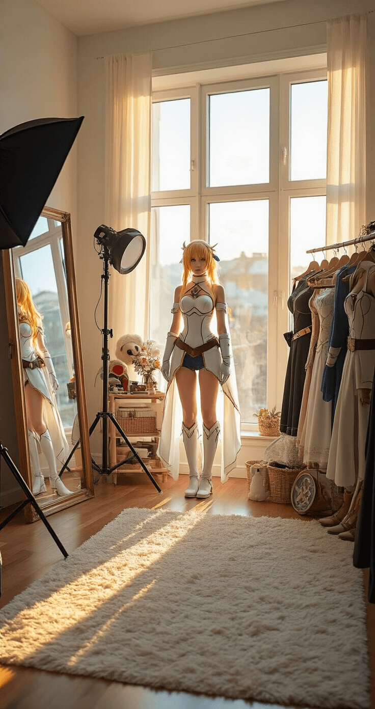 A bright bedroom-turned-photography studio featuring floor-to-ceiling windows with golden hour light, a full-length mirror reflecting a cosplay outfit, professional photography equipment, character reference images, a clothing rack with detailed costumes, and styled props arranged for detail shots.