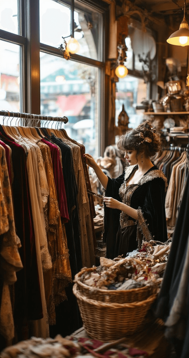 A creative cosplayer browses vintage clothing in a cozy thrift store, illuminated by warm lighting, while examining fabrics for costume making; a basket nearby holds a velvet cape, metallic accessories, and unique fabric pieces, with natural light streaming through the windows.