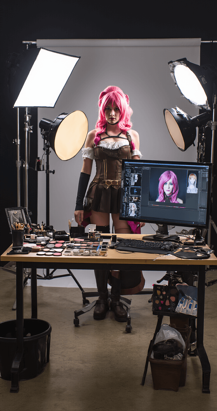 A professional photo studio depicting a complete character transformation in cosplay, featuring controlled lighting, backdrops, light sources, a monitoring station with test shots, and a styling station with makeup and costume repair tools.