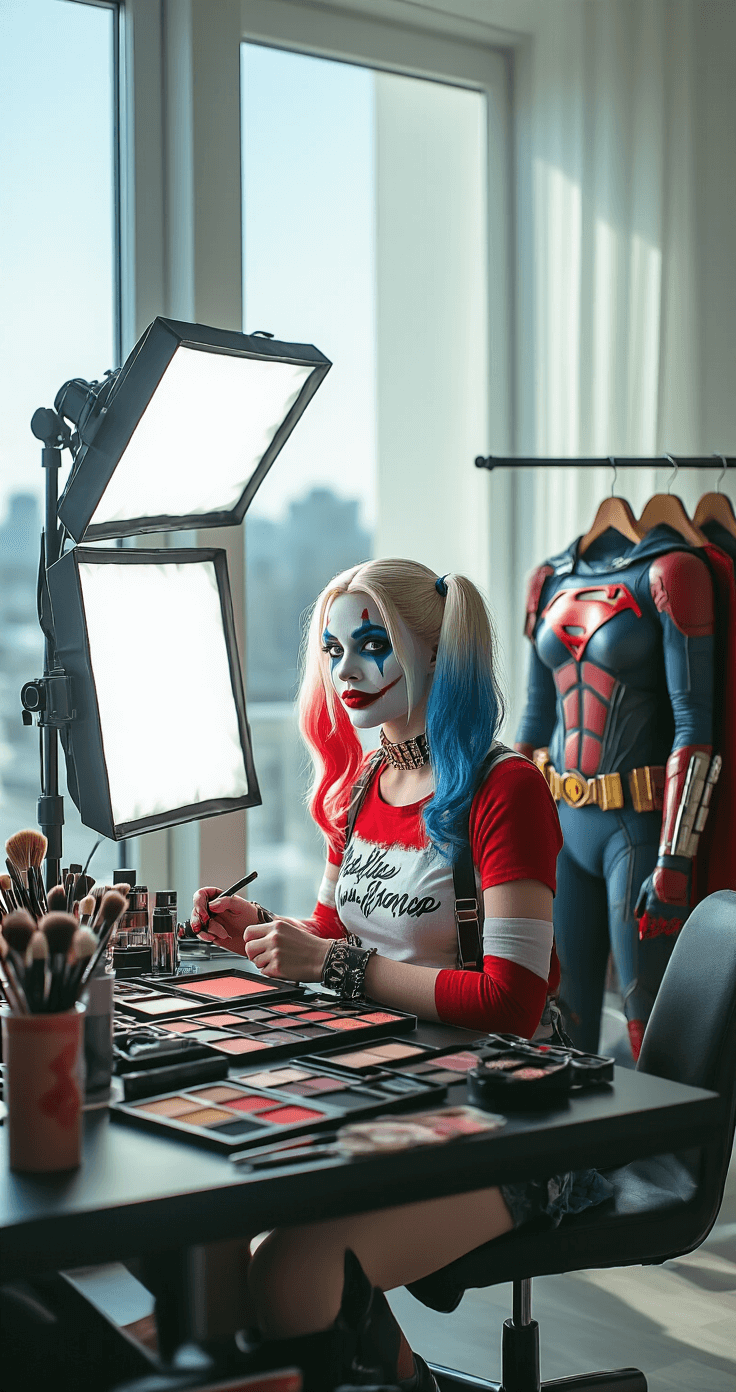 A cosplayer applies intricate Harley Quinn makeup at a bright, airy studio with floor-to-ceiling windows, surrounded by professional lighting and organized makeup supplies, with a red and blue wig on display and a pristine Suicide Squad costume in the background.
