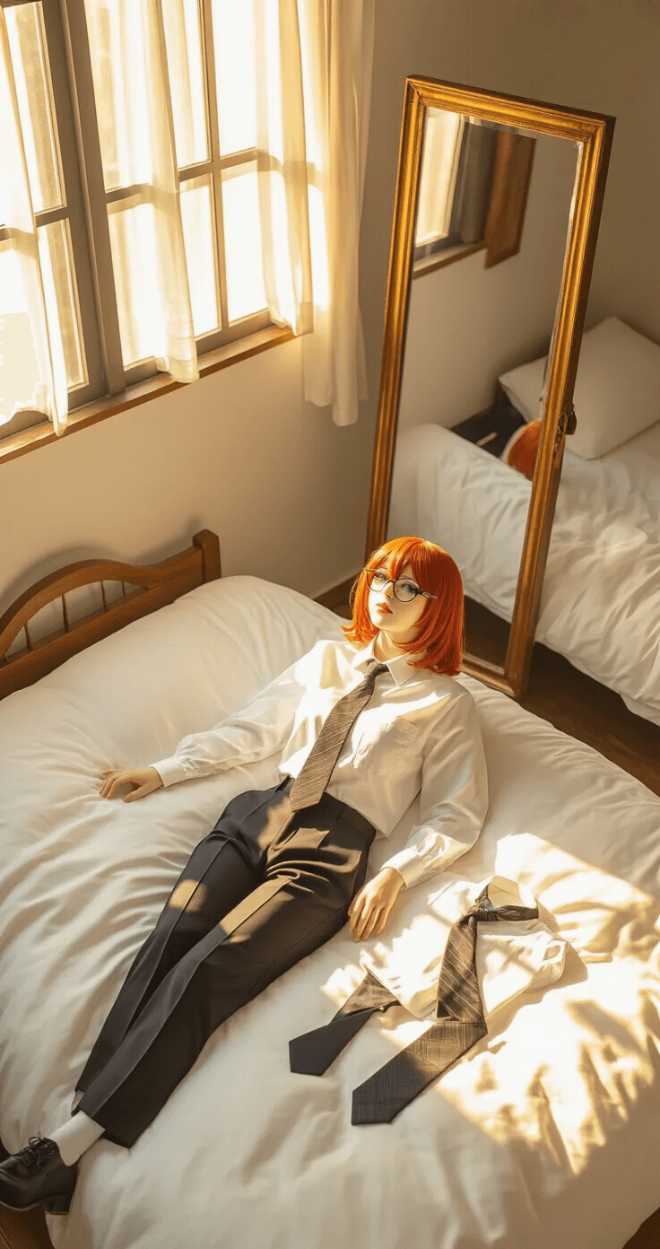 Aerial view of a modern apartment bedroom illuminated by golden hour light, featuring a meticulously arranged Makima cosplay on a crisp white duvet, including a pressed white button-up shirt, tailored dark slacks, vintage-style glasses, and a styled red wig on a foam head, surrounded by costume accessories and props. A large mirror reflects the warm sunlight.