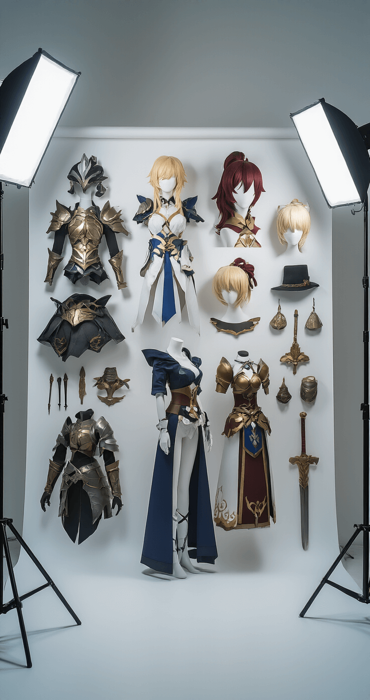 A minimalist white photo studio showcasing a Genshin Impact costume progress wall with detailed armor pieces, elaborate wig styling, and complex prop prototypes, illuminated by dramatic lighting that enhances the craftsmanship.