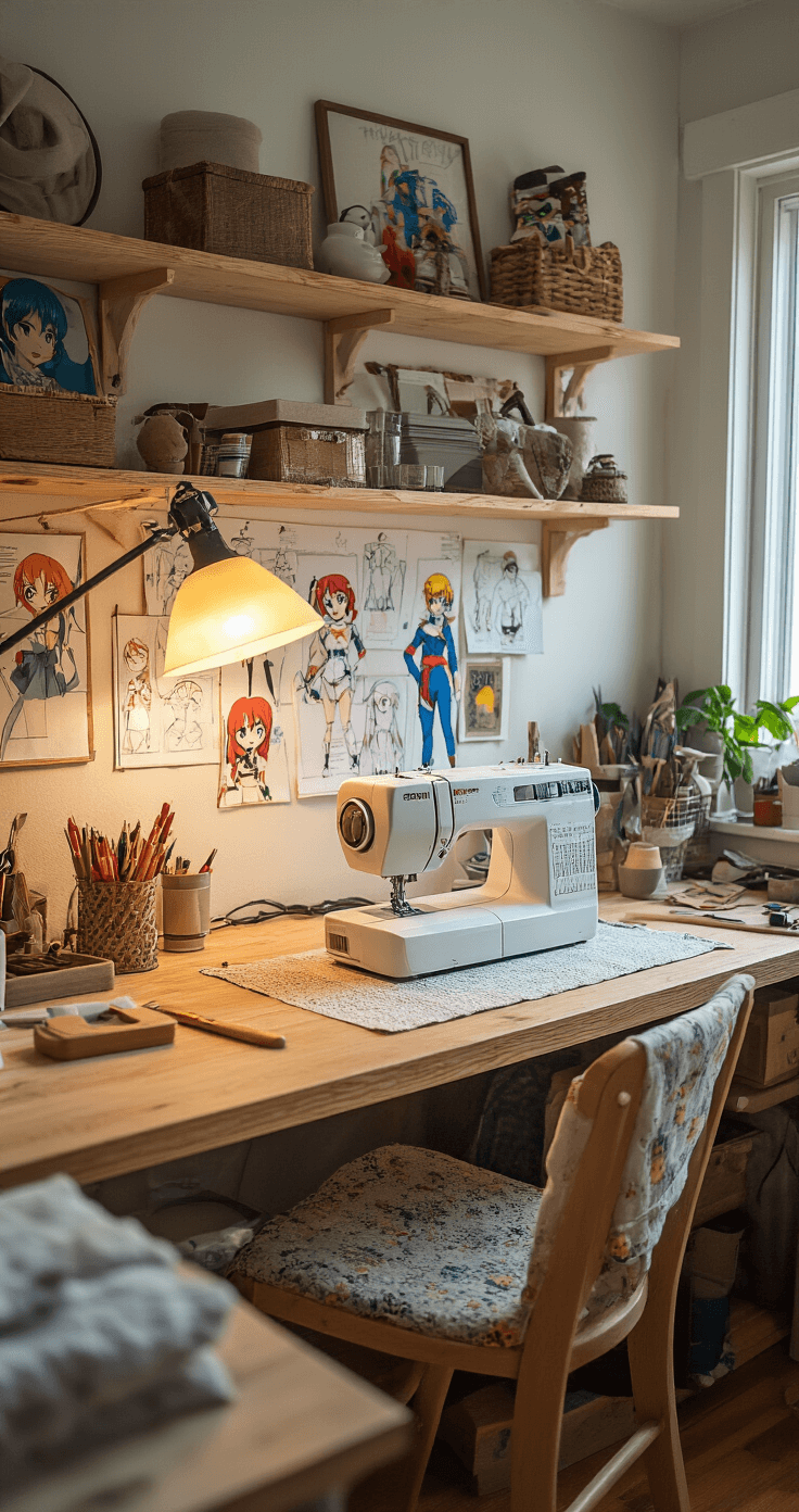 A cozy home craft room filled with vintage decor, showcasing a budget-conscious cosplayer transforming thrifted clothing into character costumes. A sewing machine and crafting tools are neatly arranged on wooden shelves, while an inspiration board displays character references and sketches. The scene is illuminated by warm natural light from a window and practical lamps.