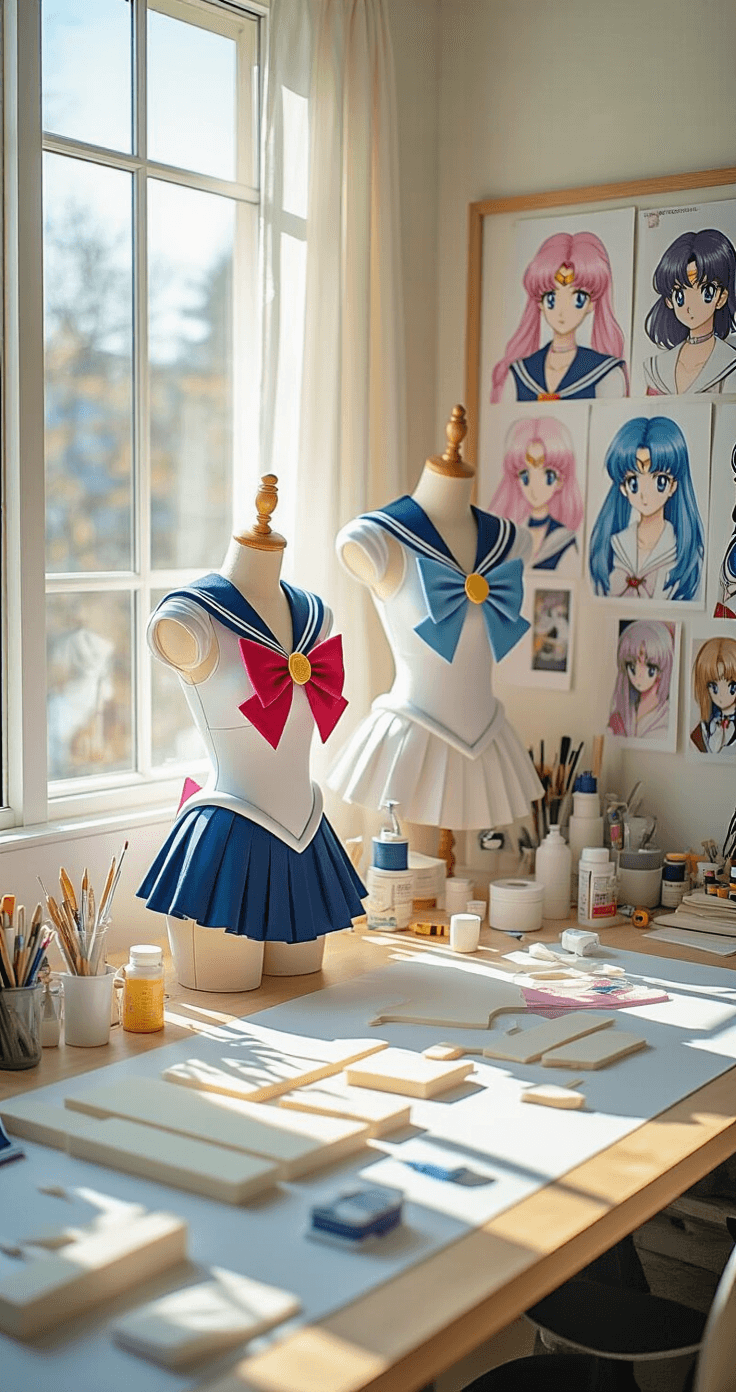 A bright cosplay workspace with natural morning light, featuring a crafting table with EVA foam pieces, paint supplies, and a half-finished Sailor Moon prop. A dress form displays a partially completed sailor uniform, surrounded by reference images on a mood board. Pastel-colored wigs are showcased on wig heads, with basic sewing supplies and a measuring tape on the table.