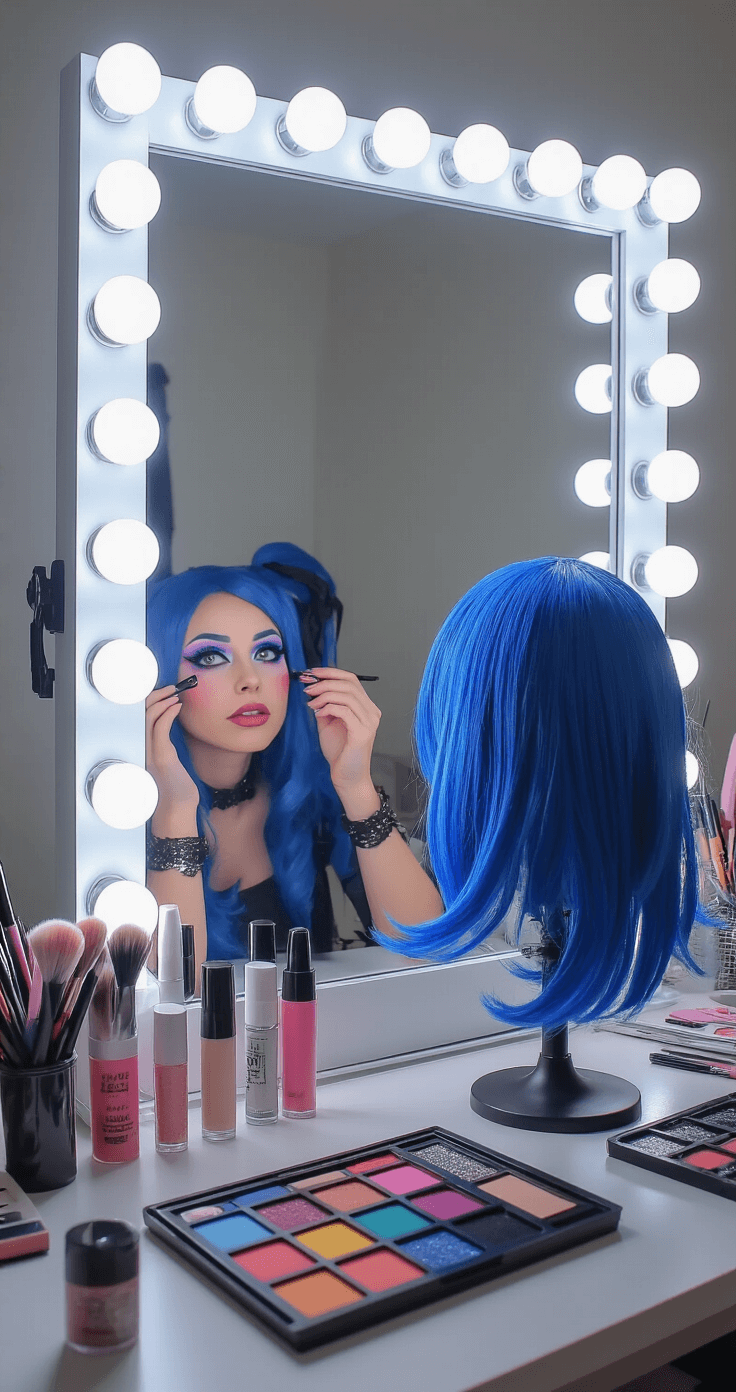 A cosplayer applying makeup at a vanity mirror surrounded by organized cosplay makeup essentials, including false eyelashes and colorful contacts, with a vibrant blue wig on a stand nearby.