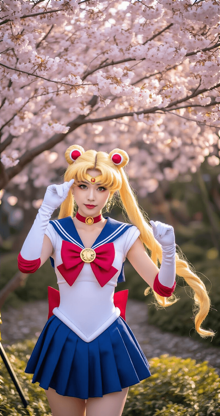 A cosplayer dressed as Sailor Moon poses dramatically in an urban Japanese-inspired garden during golden hour, surrounded by cherry blossom trees. The costume includes crisp pleats, white gloves, and a styled blonde wig with signature buns. A professional ring light and reflectors are set up nearby.