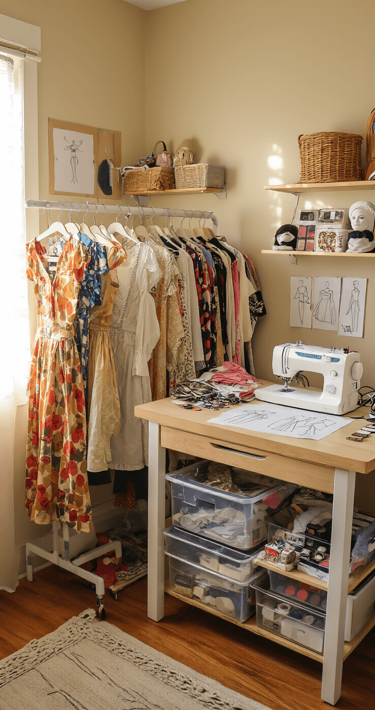 A cozy bedroom corner turned DIY costume workshop, featuring a clothing rack with thrifted pieces, a sewing machine on a desk with fabric swatches and hand-drawn patterns, and neatly organized cosplay wigs and makeup supplies in clear containers, all illuminated by warm afternoon light.