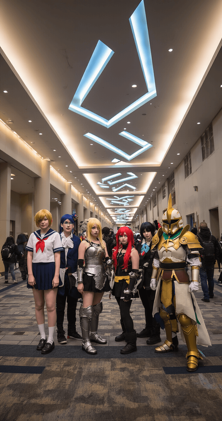 A vibrant convention center hallway filled with cosplayers showcasing a variety of anime costumes, ranging from simple school uniforms to intricate armor sets, highlighting diverse craftsmanship, wig styling, and makeup details under dramatic architectural lighting.