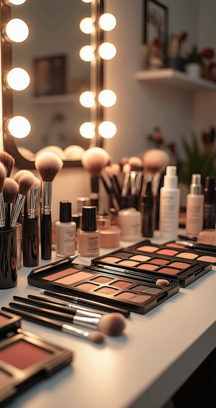 A well-lit makeup studio corner showcasing a clean vanity with high-end cosplay makeup products, professional brushes, and setting sprays, reflecting warm lighting in a mirror, indicating preparation for a major transformation.