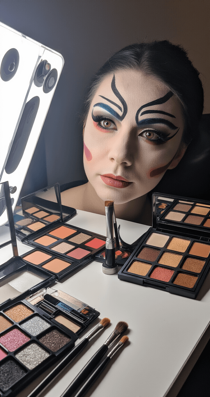 A dramatic studio setup showcases a cosplay makeup transformation in progress, highlighting intricate contouring and sharp anime-style features, with cool-toned shadows and highlights. The professional makeup station is neatly organized with contour palettes, highlighting products, and precision brushes.