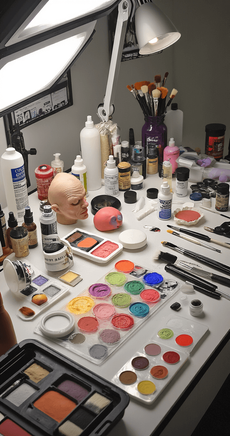 A well-organized special effects makeup workspace showcasing professional body paints, prosthetics, and tools, illuminated by bright clinical lighting, with various texture samples, adhesives, and brushes in a vibrant array of colors.
