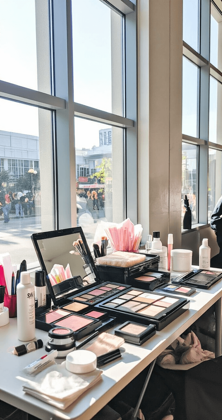 A well-lit cosplayer's touch-up station at a convention featuring a neatly organized kit with blotting papers, powder compacts, and setting sprays, all illuminated by natural daylight from large windows.