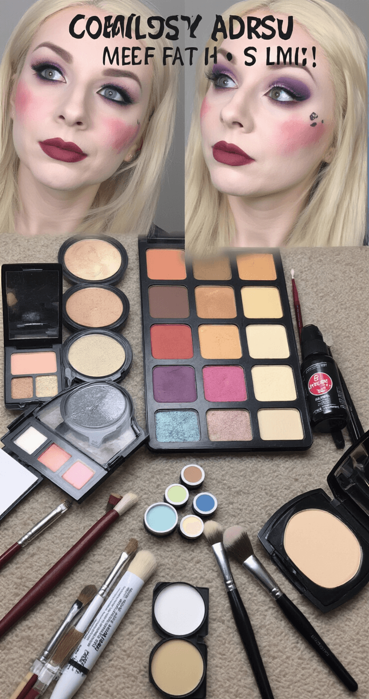 A well-organized tabletop displays a cosplay makeup test in progress, featuring soft lighting, detailed product layout, swatches, and color tests, arranged systematically with brushes and tools for a visual tutorial.