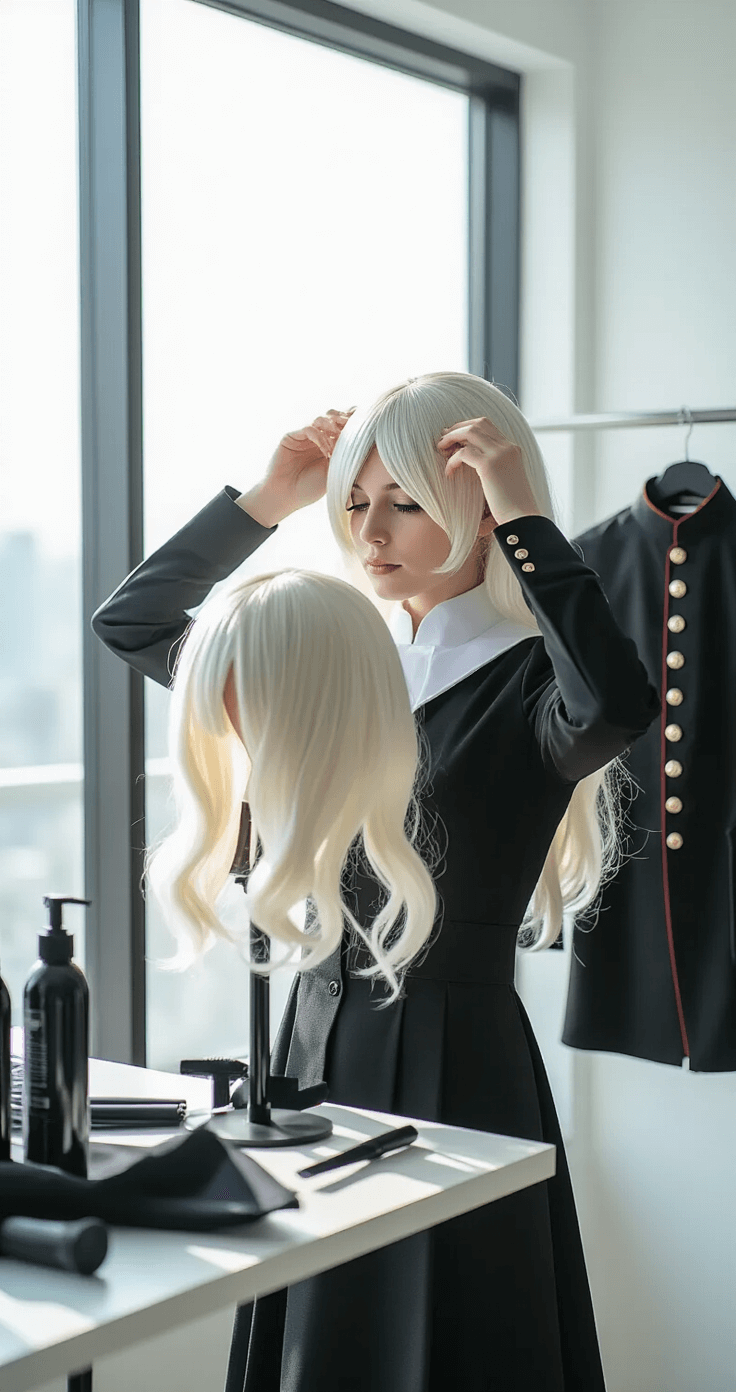 A cosplayer styles a white wig in a bright, minimalist photography studio, with natural light streaming through large windows. Nearby, a perfectly pressed black high-collar uniform hangs on a rack. The image captures the delicate texture of the wig fibers and uniform fabric, with a focus on the stylist's hands in a shallow depth of field.