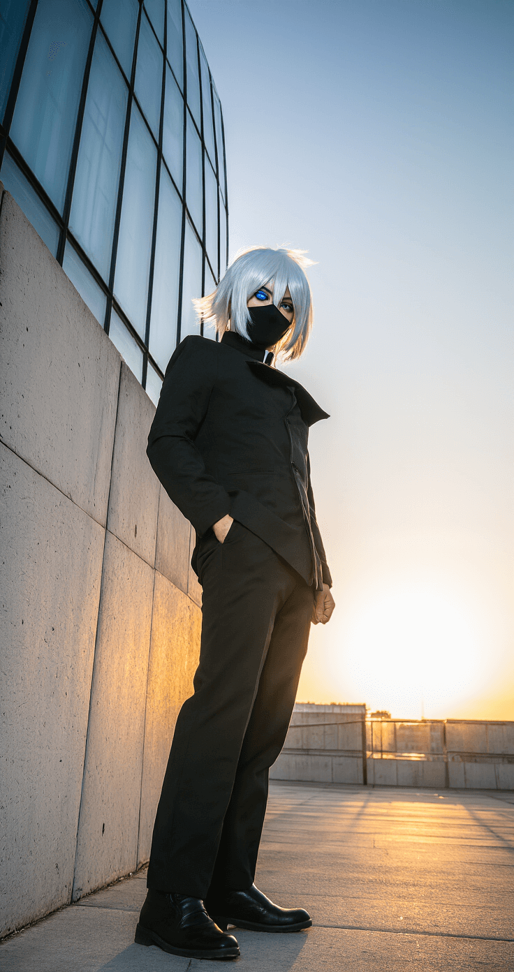 A Gojo cosplayer in a black uniform and white wig poses confidently against modern glass architecture during golden hour, with dramatic shadows and warm light highlighting their features, including striking blue contacts and a blindfold, captured from a low angle.