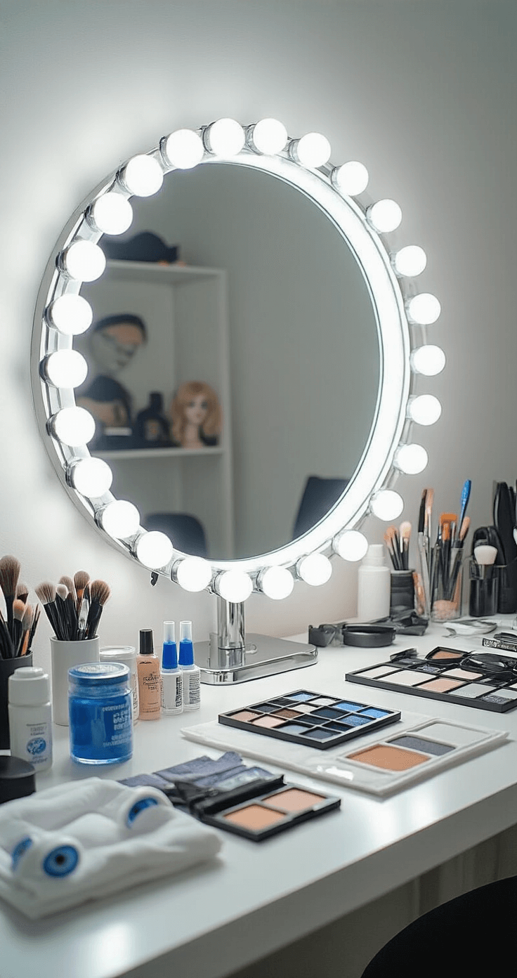 Cosplay prep space featuring a well-lit makeup station with a ring light mirror, showcasing high-quality makeup application, blue contact lenses in solution, wig styling tools, and neatly arranged costume pieces on clean white surfaces.