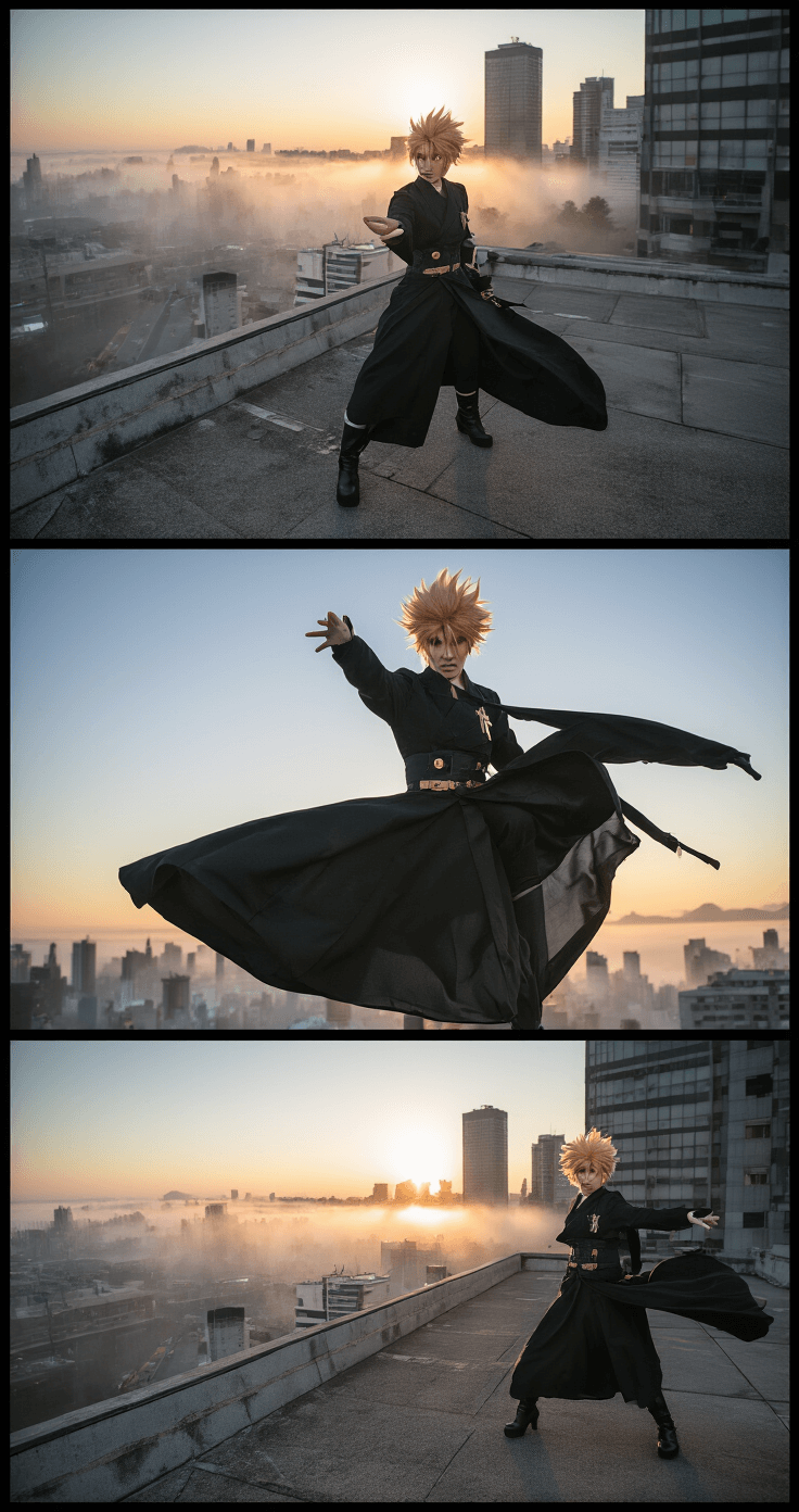 A cosplayer in full Gojo attire strikes dynamic poses on a modern rooftop at dawn, with a misty cityscape in the background. The flowing fabric of the uniform and styled wig capture the morning light, while sleek black boots contrast with the concrete surface, framed by urban elements that highlight the character's powerful presence.