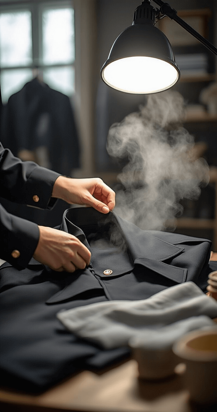 Close-up of hands steaming a black uniform in a cozy home studio, with professional soft box lighting illuminating the fabric and highlighting the meticulous attention to collar details, while organized cosplay elements are visible in the background.