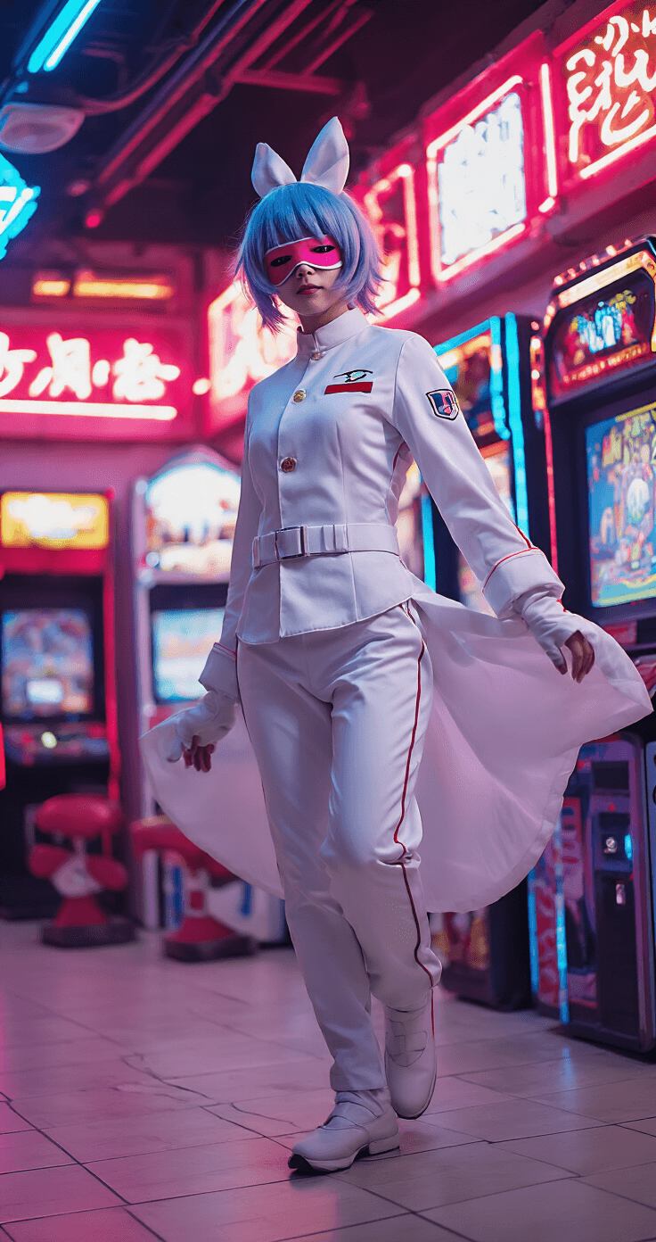 A full-body shot of a performer in Gojo cosplay, showcasing dynamic movement in a contemporary indoor arcade filled with neon lights. The character's clean-lined uniform contrasts with the vibrant background, while the styled wig and blindfold remain in place, capturing a confident stride and powerful presence.
