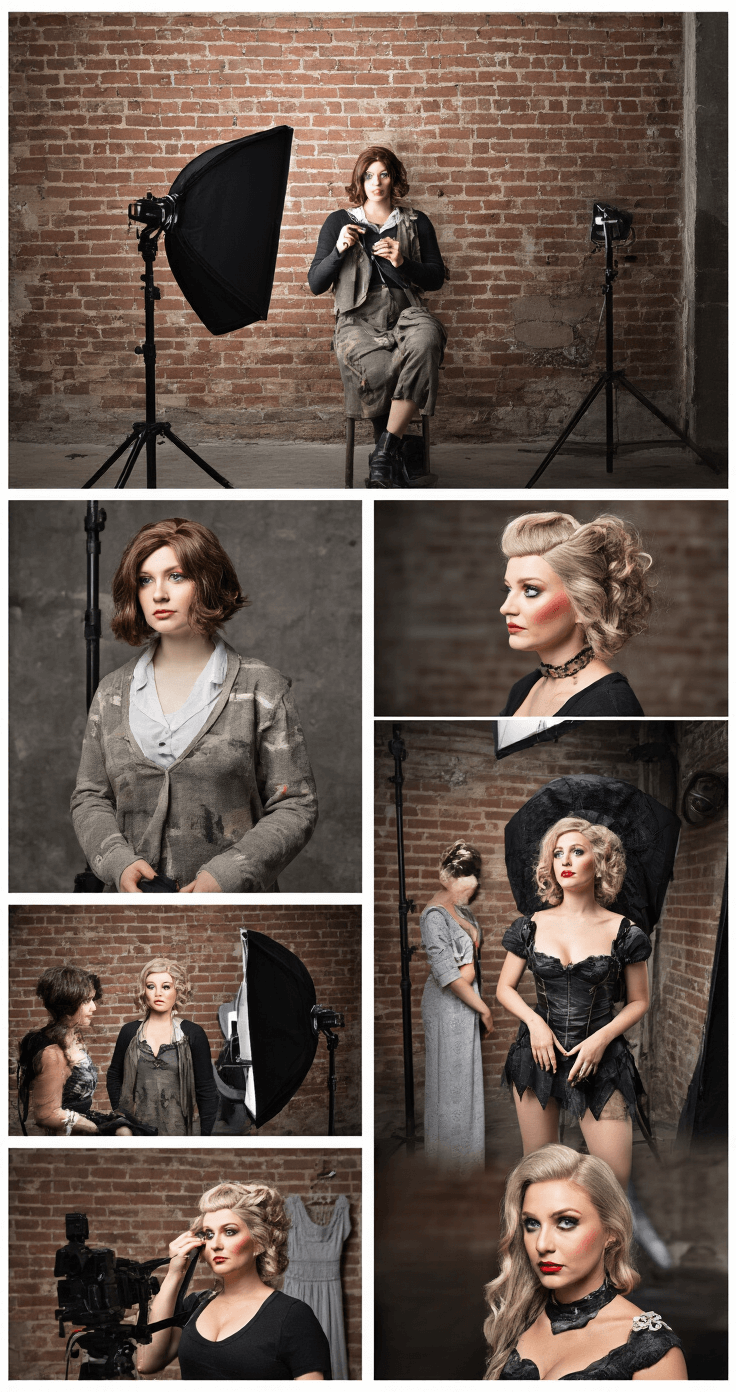 Behind-the-scenes view of an industrial chic photo studio with exposed brick and metal elements, showcasing a transformation sequence from wig preparation to final costume adjustments, with professional lighting emphasizing makeup details and accessory placement.