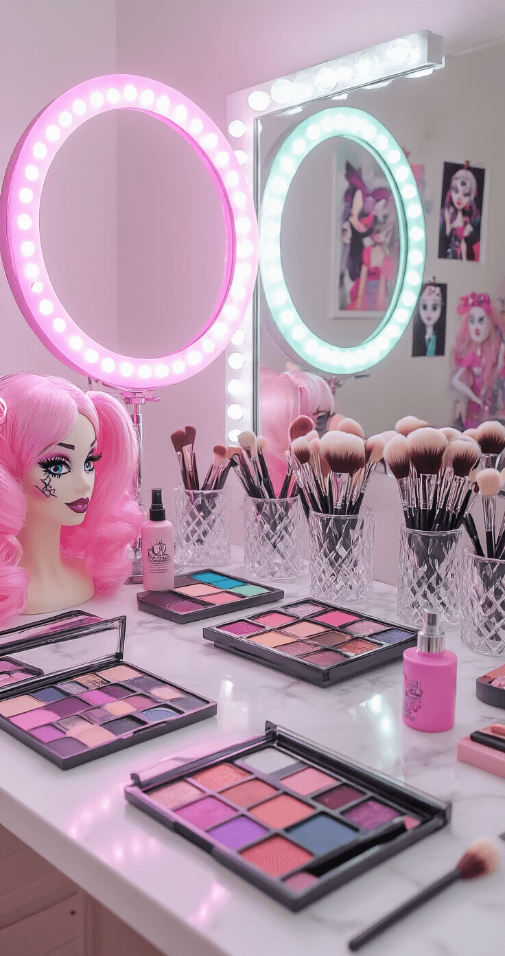 A bright home studio setup showcasing a professional makeup station with Monster High-inspired face paint palettes and premium brushes on a white marble counter, illuminated by a pink and purple LED ring light. A full-length mirror reflects a pastel pink wig styled in Draculaura's pigtails, while high-end brushes are displayed in crystal holders and character reference photos are pinned to an inspiration board.