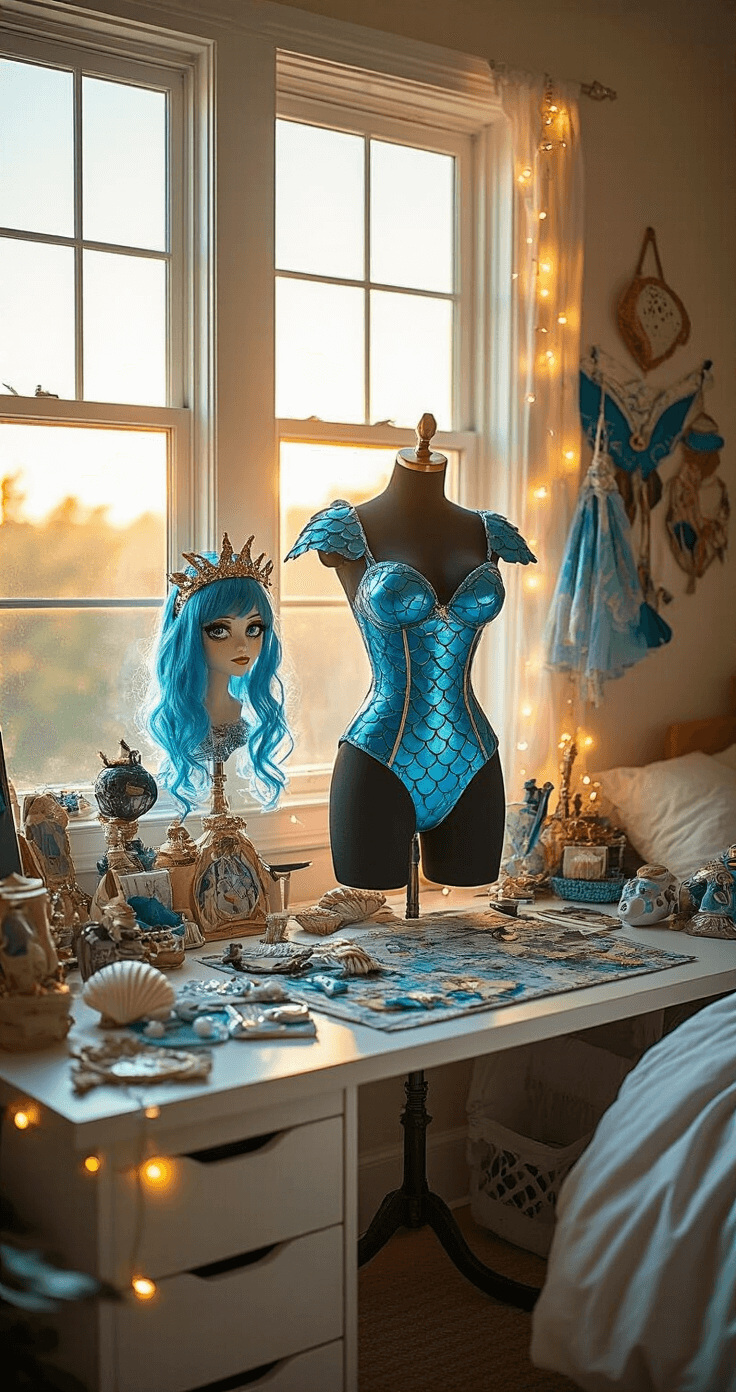 Golden hour sunlight filters through large windows into a cozy bedroom, highlighting a cosplay workspace featuring a dress form dressed in a Lagoona Blue-inspired bodysuit, surrounded by a seashell crown, iridescent wig, and handcrafted props, all accented by warm fairy lights.