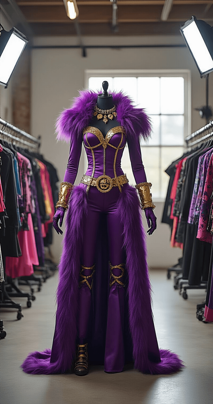 A modern fashion studio with industrial decor, showcasing organized clothing racks filled with Monster High character costumes. A spotlight illuminates a premium Clawdeen Wolf costume featuring rich purple fabrics, faux fur, and golden accessories, while professional camera equipment and softboxes enhance the documentation lighting.