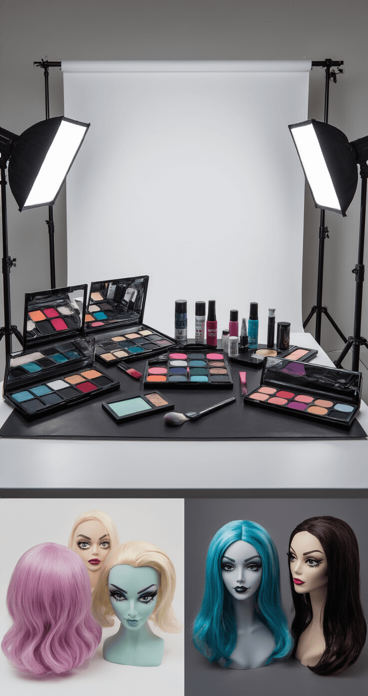 A minimalist white photography space featuring a character transformation station with Frankie Stein-inspired makeup products, including special effects materials and face paint palettes in cool tones, neatly arranged on a sleek black table. Professional lighting equipment illuminates a dedicated shooting area with a seamless white backdrop, while various wigs in signature Monster High colors are displayed on realistic mannequin heads.