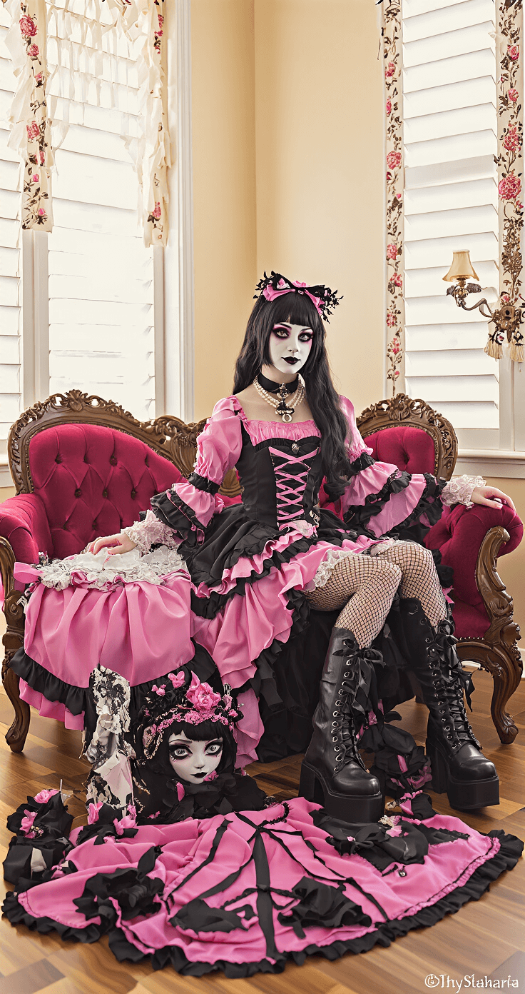 A vintage-style vanity setup bathed in warm afternoon light, featuring Draculaura's pink and black color scheme. The scene includes elaborate Victorian-inspired costume pieces on a plush velvet chaise, such as platform boots and gothic lolita dress details, alongside handcrafted accessories. Professional photography equipment is subtly arranged to document the cosplay.