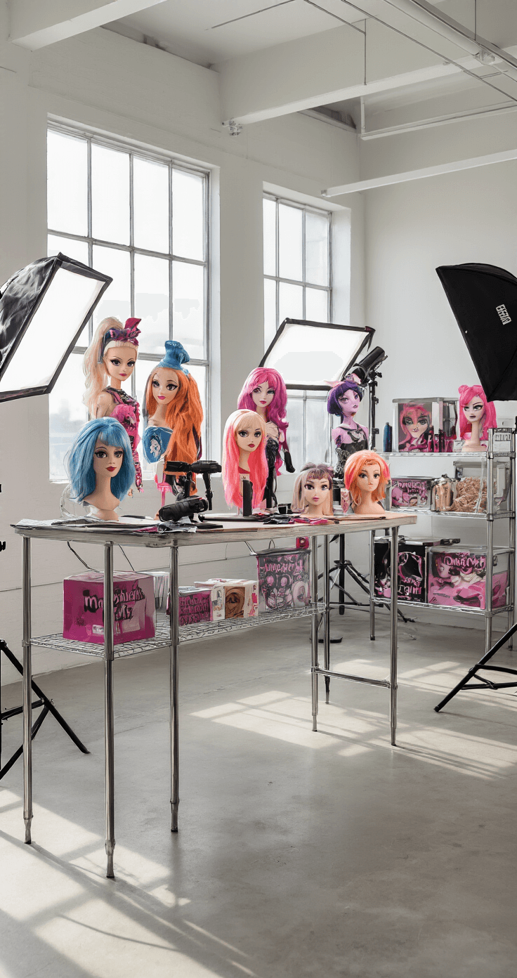 A bright and airy cosplay workshop filled with natural light, showcasing a comprehensive wig styling station inspired by Monster High characters, equipped with heat-styling tools, wig heads, and synthetic hair in vibrant character colors on industrial shelving, alongside a professional camera setup with soft boxes for optimal lighting.