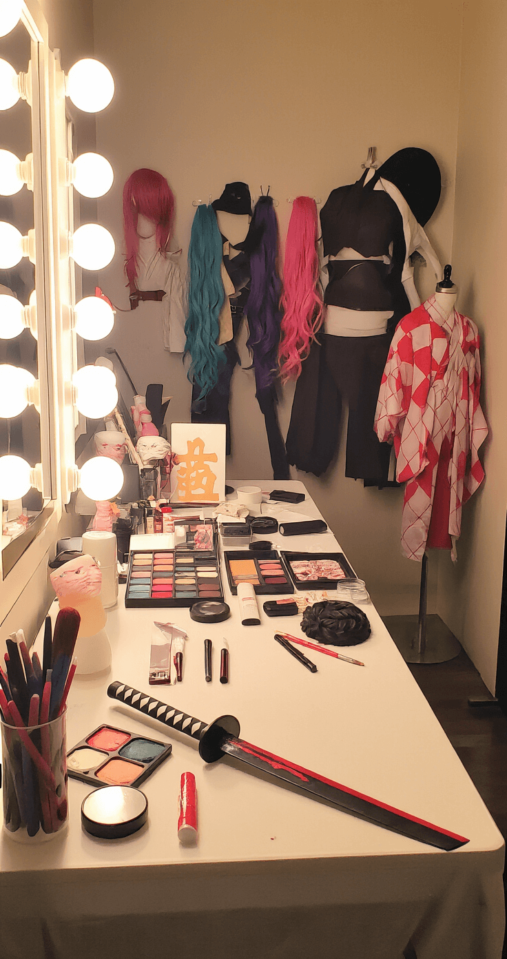 A cozy dressing room scene showcases a cosplayer's transformation, featuring warm vanity lighting over a makeup station filled with character cosmetics and special effects materials. A Nezuko costume hangs nearby, colorful wigs are displayed on stands, and a close-up highlights detailed prop-making as weathering techniques are applied to a foam Demon Slayer sword.