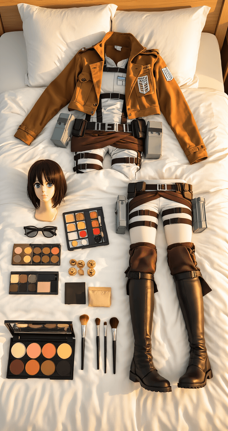 A modern bedroom during golden hour featuring a neatly arranged Survey Corps cosplay outfit on a white bedspread, including a 3DMG harness, boots, and jacket, alongside an organized flat-lay of wigs, makeup palettes, and props, all illuminated by warm sunlight.