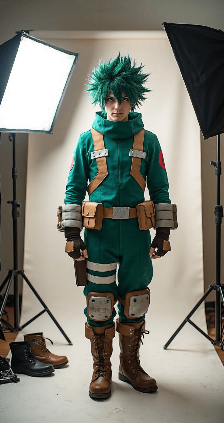 A cosplayer dressed as Deku from My Hero Academia poses in a professional studio with dramatic lighting, showcasing the detailed costume, including weathered boots and a styled green wig, surrounded by lighting equipment, mirrors, and various props for detail shots.