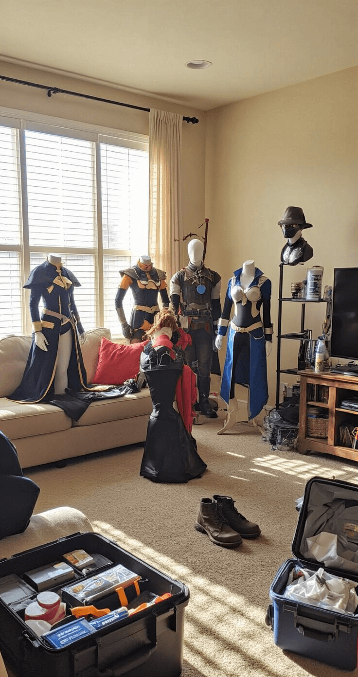 A spacious living room illuminated by morning light features several completed costumes on mannequins, an emergency repair kit, comfortable shoes, and convention survival supplies nearby. A cosplayer is testing movement in a new outfit, ensuring range of motion and comfort, while props and accessories are neatly stored in protective cases.